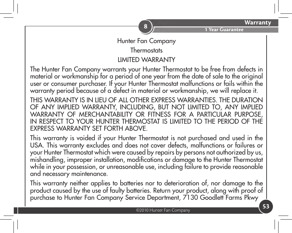 Warranty, 1 year guarantee | Hunter Fan 44905 User Manual | Page 53 / 54