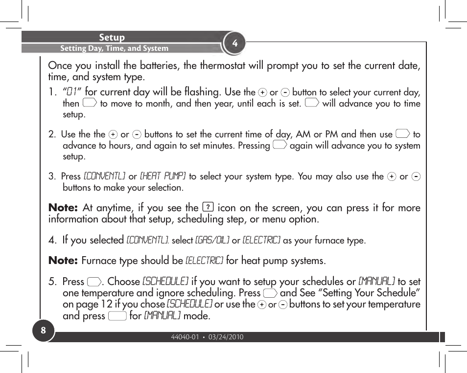 Setup, Setting day, time, and system | Hunter Fan 44905 User Manual | Page 8 / 54