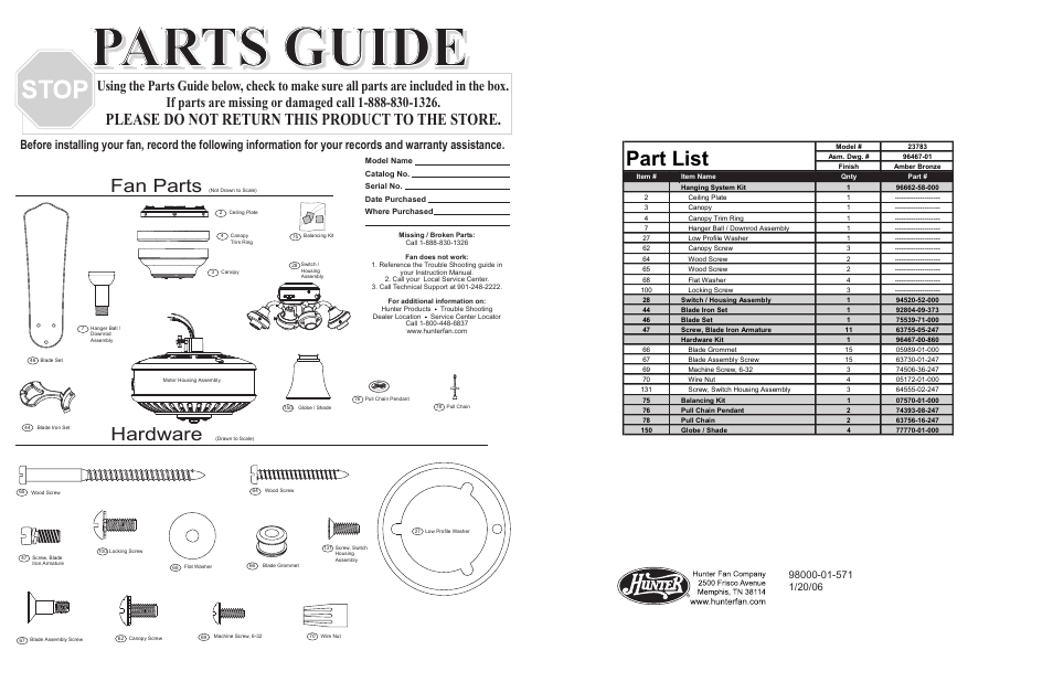 Parts guide, Part list, Fan parts | Hardware, Please do not return this product to the store | Hunter Fan 23783 User Manual | Page 2 / 4