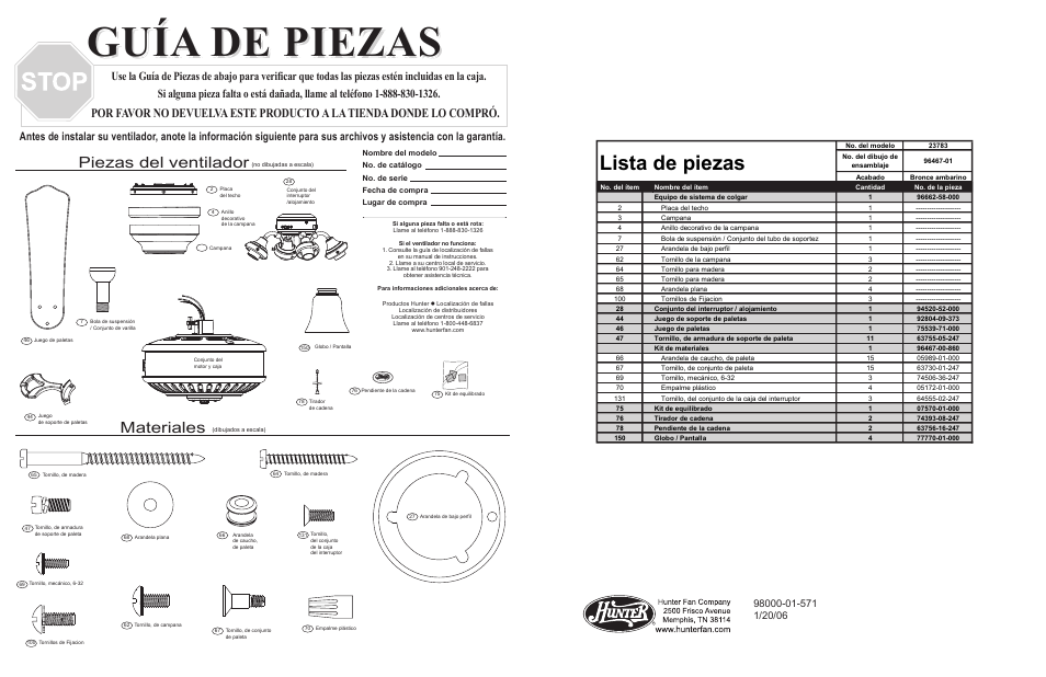Guía de piezas, Lista de piezas, Materiales | Piezas del ventilador | Hunter Fan 23783 User Manual | Page 3 / 4