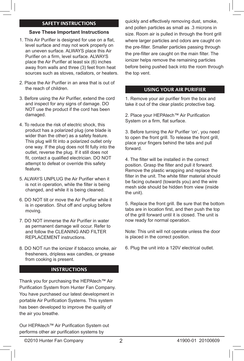 Hunter Fan HEPAtech 30240 User Manual | Page 2 / 6