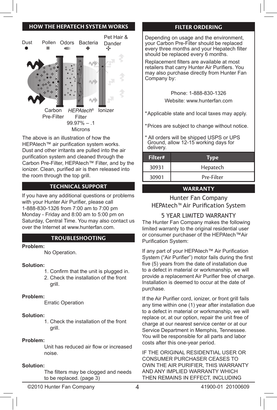 Hunter Fan HEPAtech 30240 User Manual | Page 4 / 6