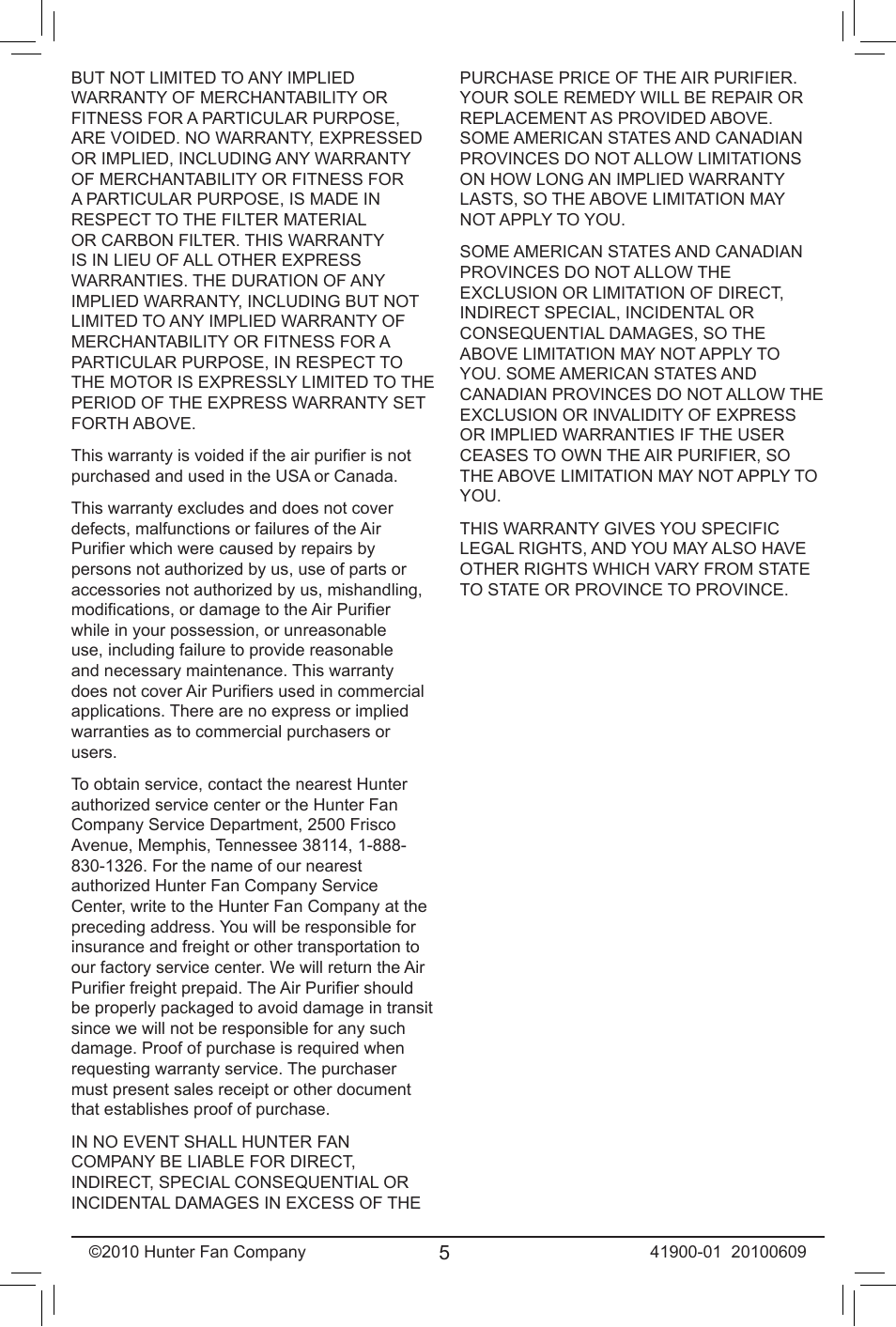 Hunter Fan HEPAtech 30240 User Manual | Page 5 / 6