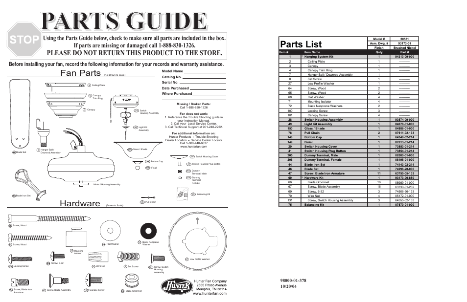 Parts guide, Parts list, Fan parts | Hardware, Please do not return this product to the store | Hunter Fan 20531 User Manual | Page 2 / 4