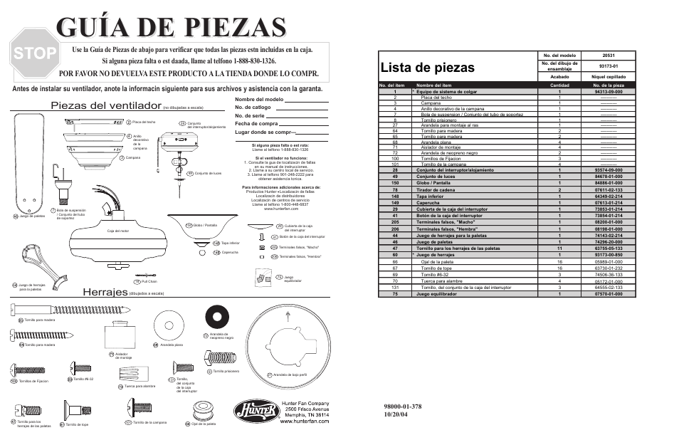 Gguía de piezas uía de piezas guía de piezas, Lista de piezas, Herrajes | Piezas del ventilador | Hunter Fan 20531 User Manual | Page 3 / 4