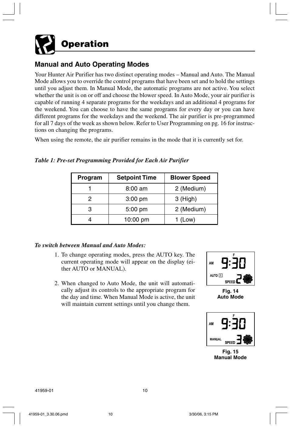 Operation, Manual and auto operating modes | Hunter Fan 30547 User Manual | Page 10 / 26