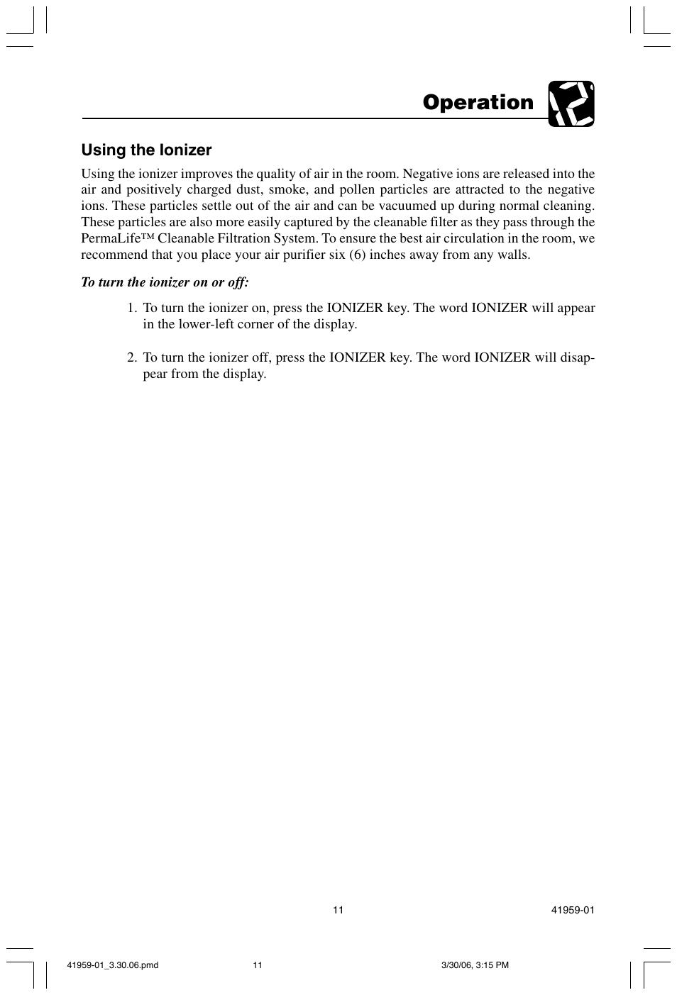 Operation, Using the ionizer | Hunter Fan 30547 User Manual | Page 11 / 26