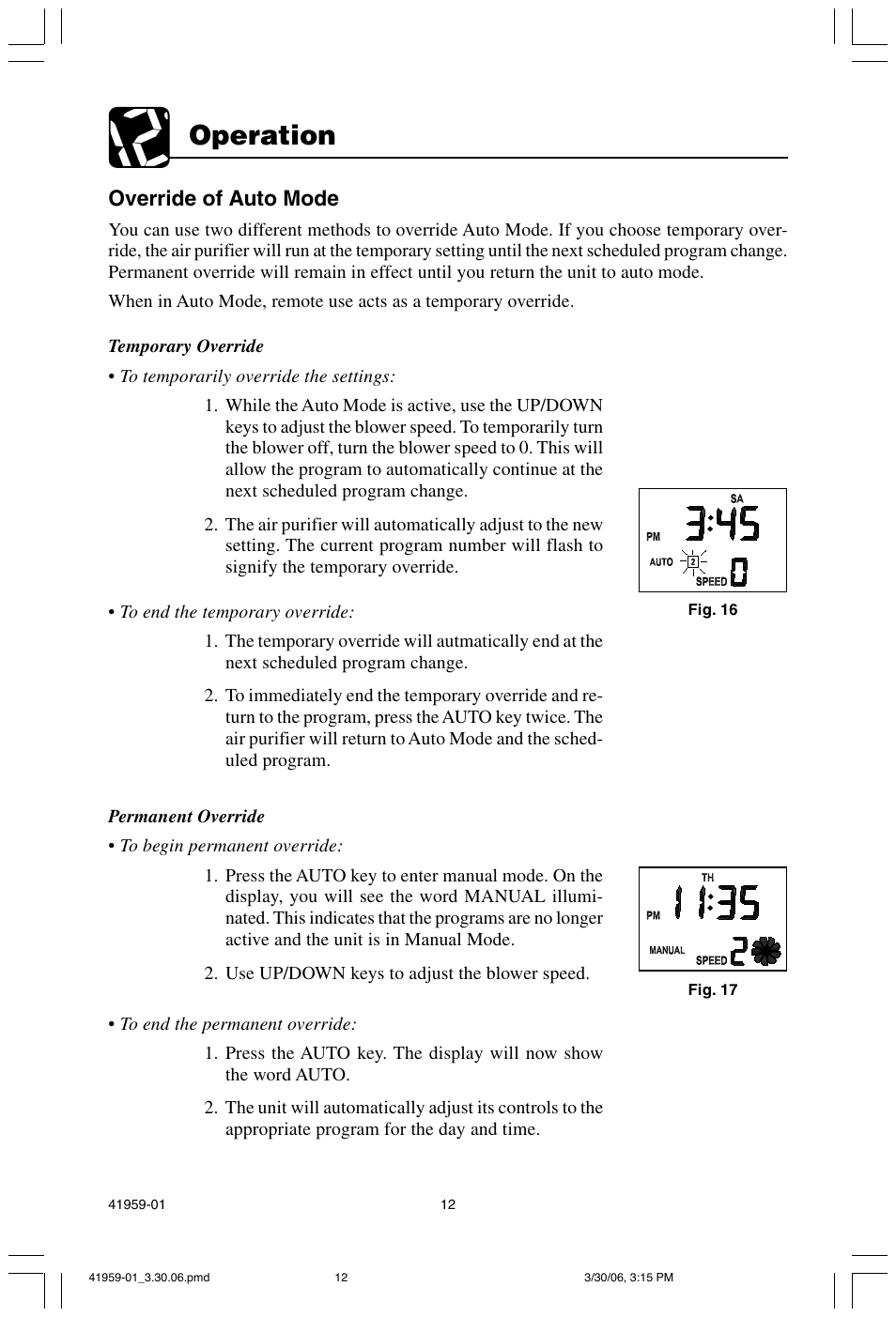 Operation, Override of auto mode | Hunter Fan 30547 User Manual | Page 12 / 26
