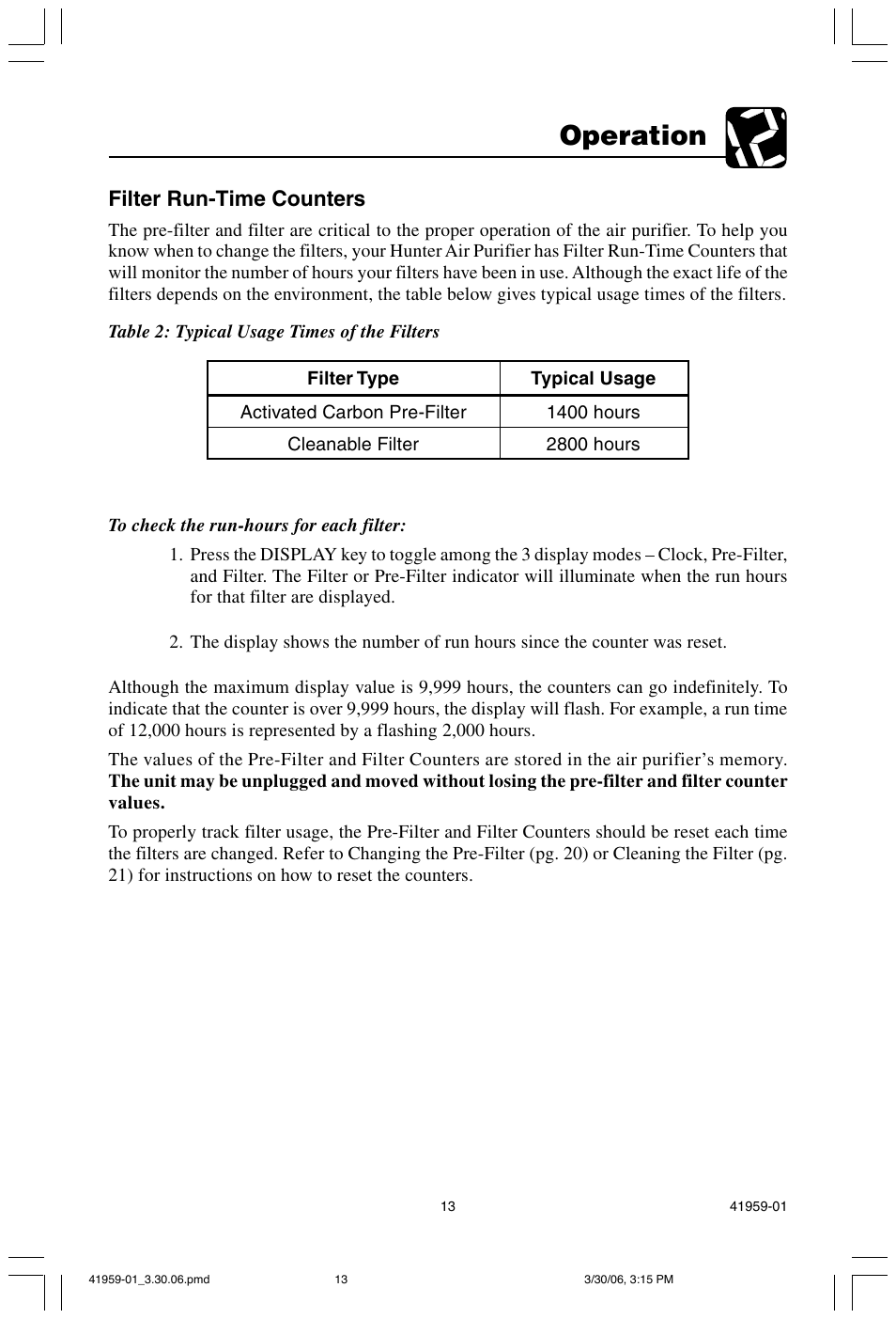 Operation, Filter run-time counters | Hunter Fan 30547 User Manual | Page 13 / 26
