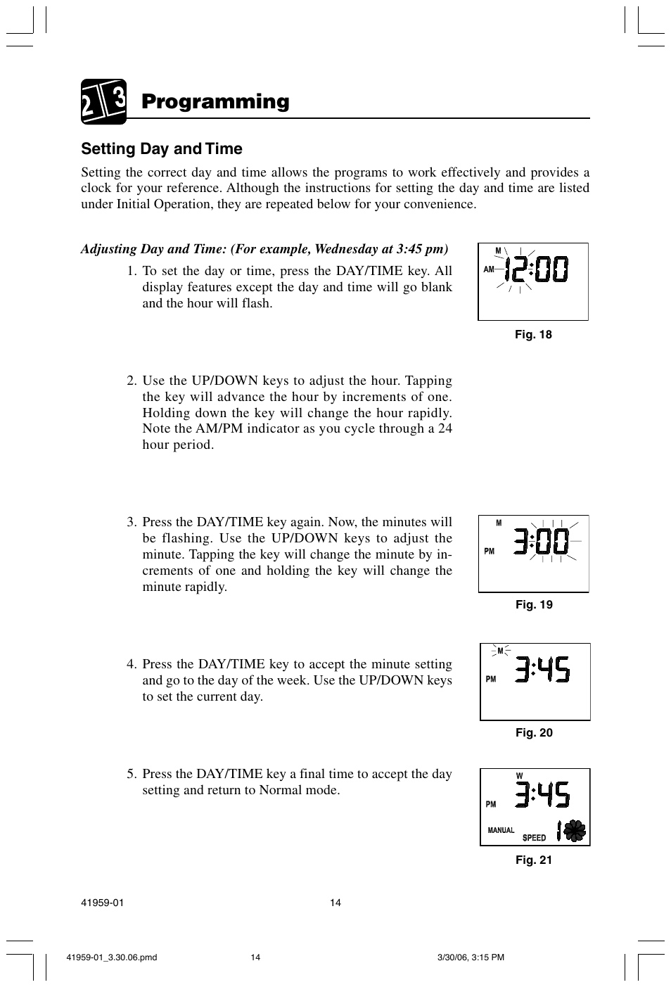 Programming, Setting day and time | Hunter Fan 30547 User Manual | Page 14 / 26