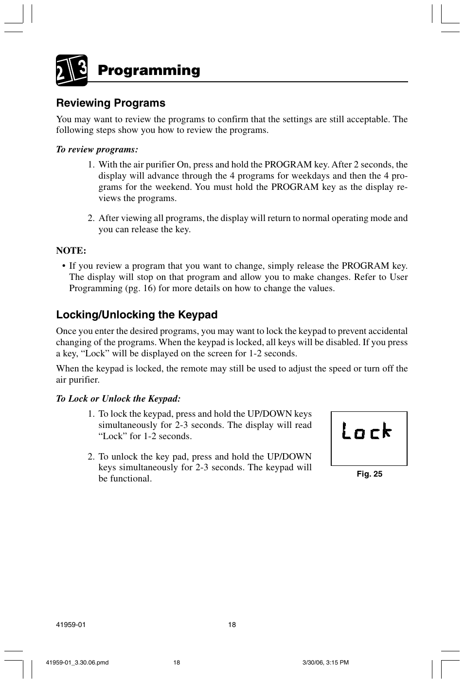 Programming, Reviewing programs, Locking/unlocking the keypad | Hunter Fan 30547 User Manual | Page 18 / 26