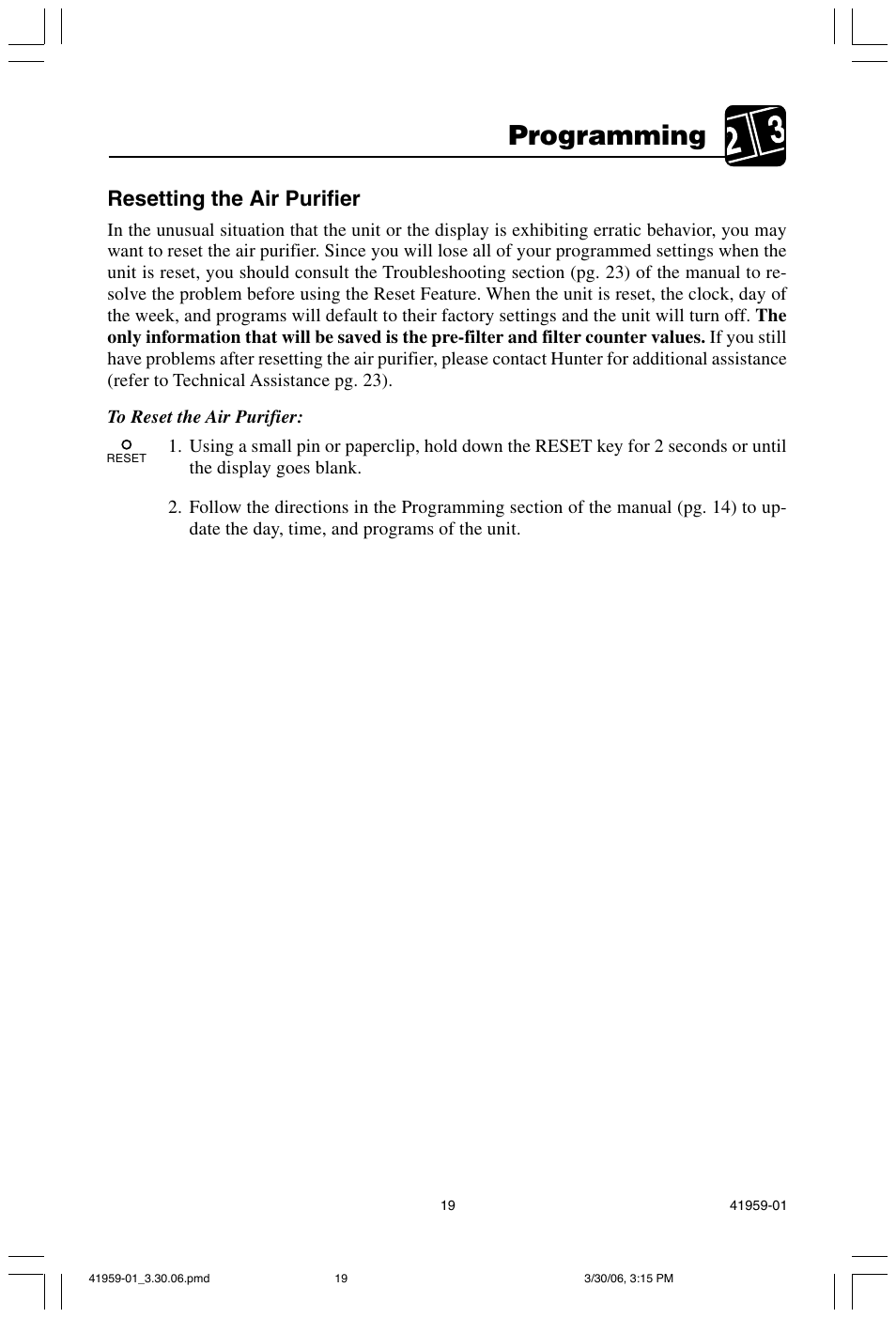 Programming, Resetting the air purifier | Hunter Fan 30547 User Manual | Page 19 / 26
