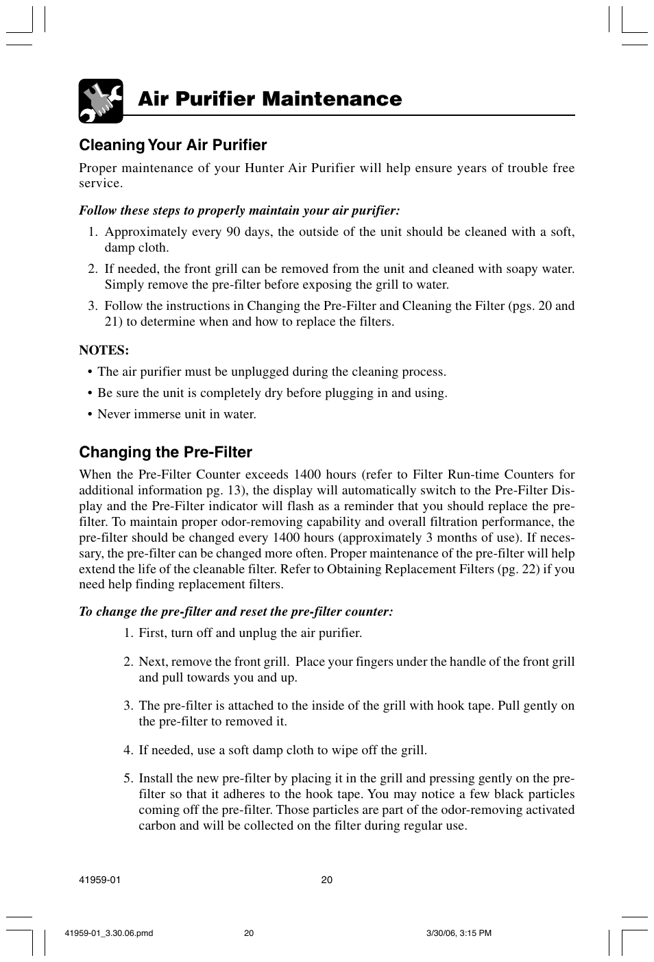 Air purifier maintenance, Cleaning your air purifier, Changing the pre-filter | Hunter Fan 30547 User Manual | Page 20 / 26