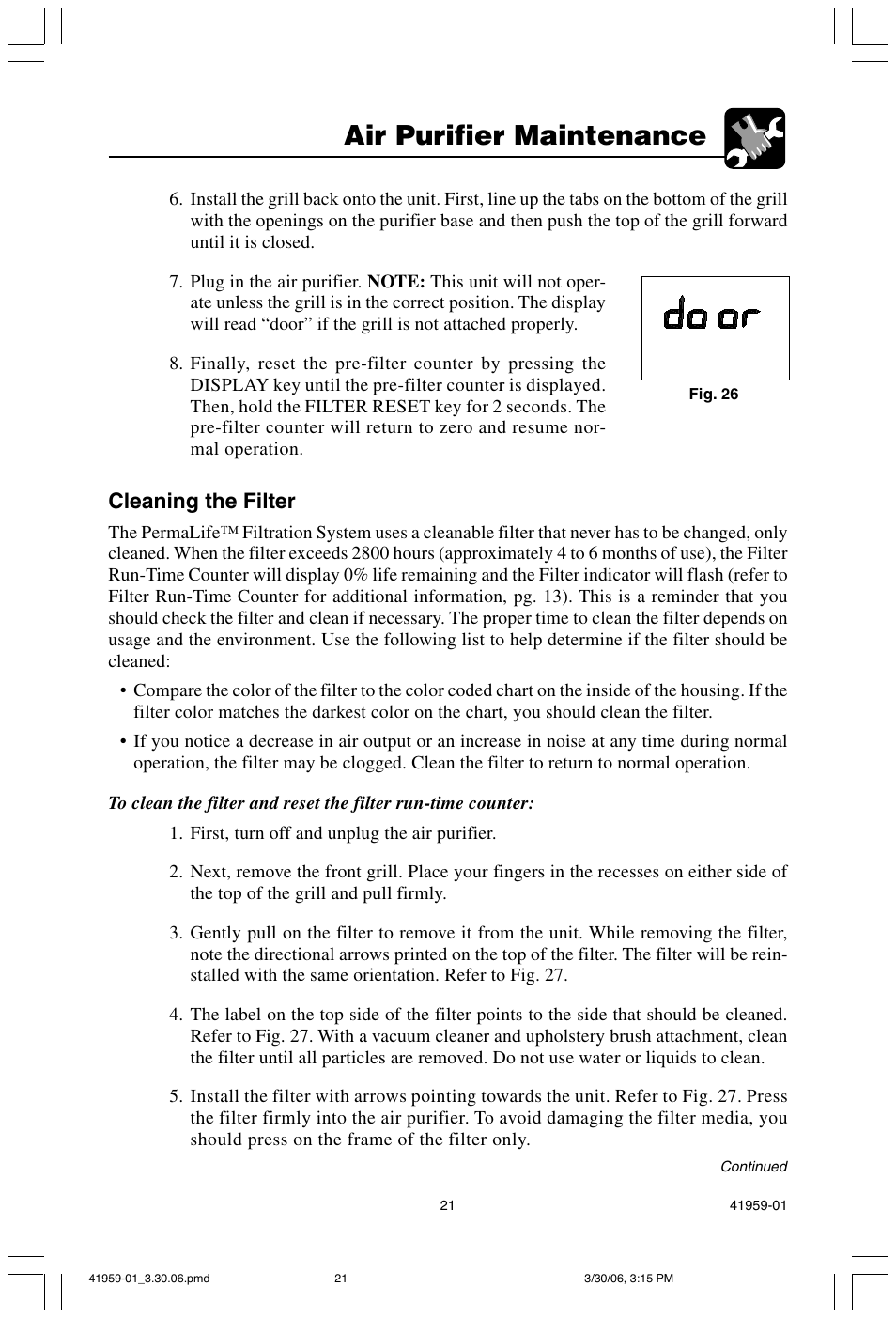 Air purifier maintenance, Cleaning the filter | Hunter Fan 30547 User Manual | Page 21 / 26