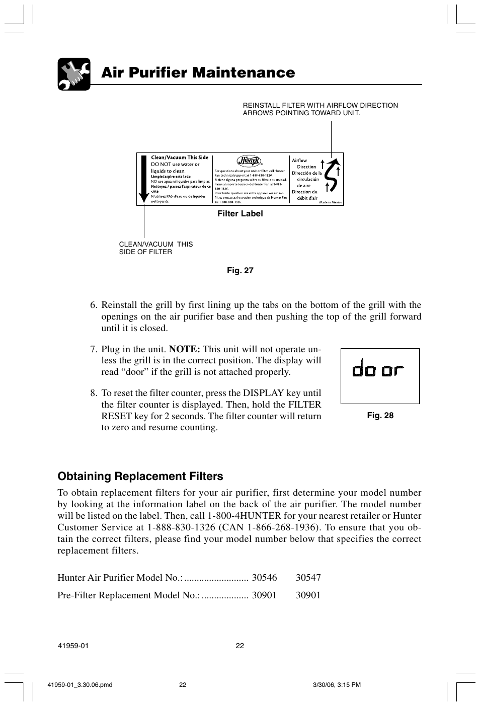 Air purifier maintenance, Obtaining replacement filters | Hunter Fan 30547 User Manual | Page 22 / 26