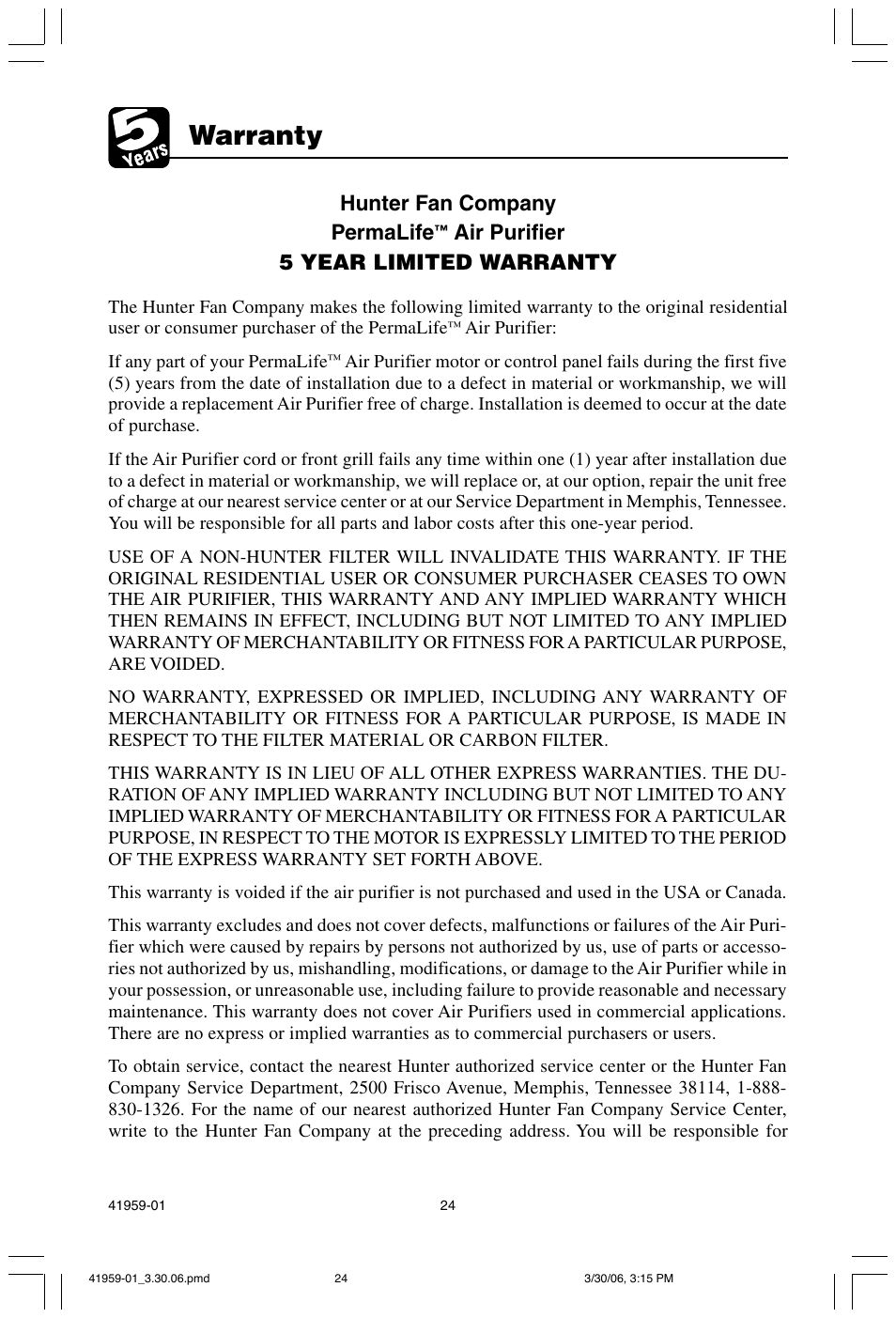 Warranty, Hunter fan company permalife, Air purifier 5 year limited warranty | Hunter Fan 30547 User Manual | Page 24 / 26
