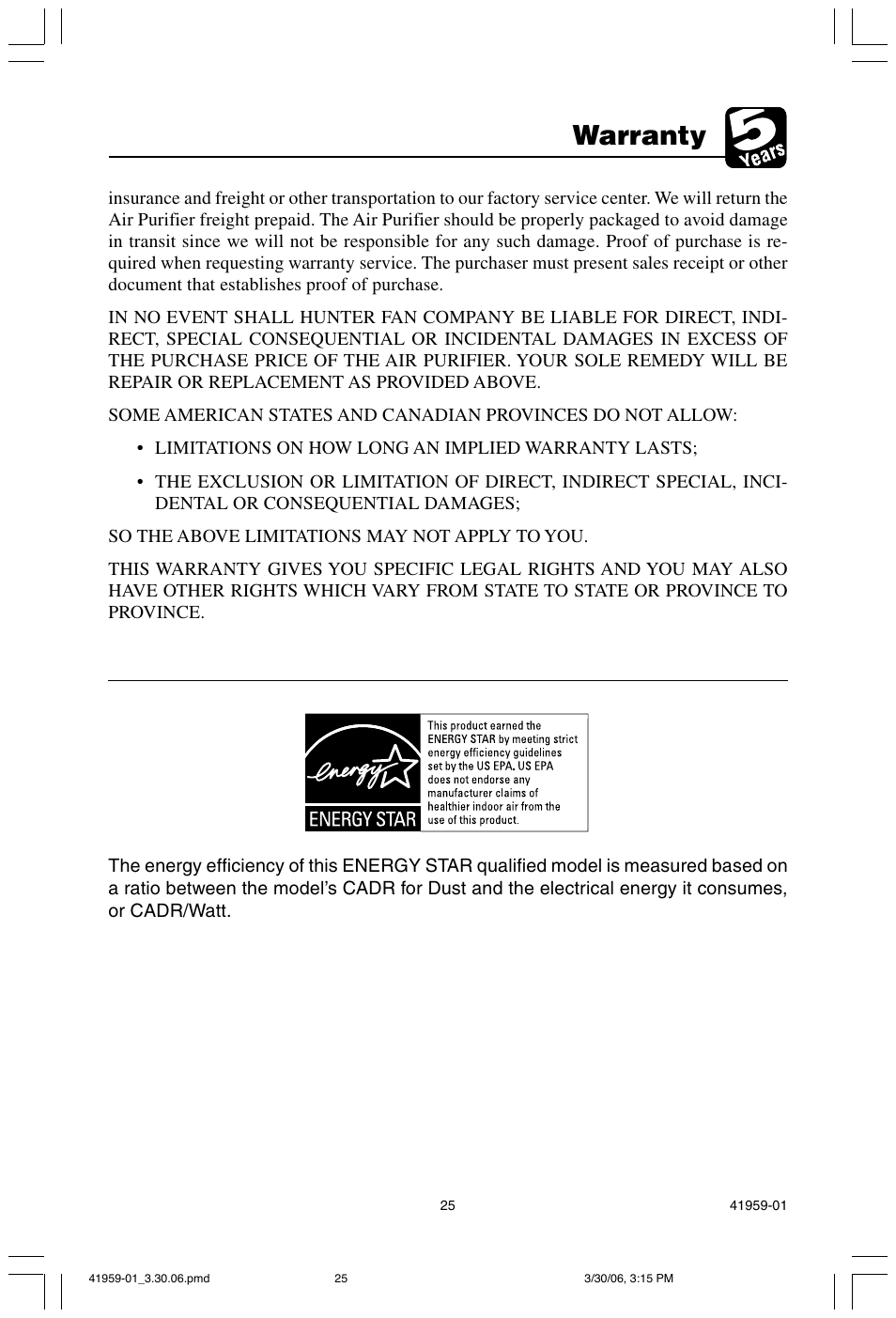 Warranty | Hunter Fan 30547 User Manual | Page 25 / 26