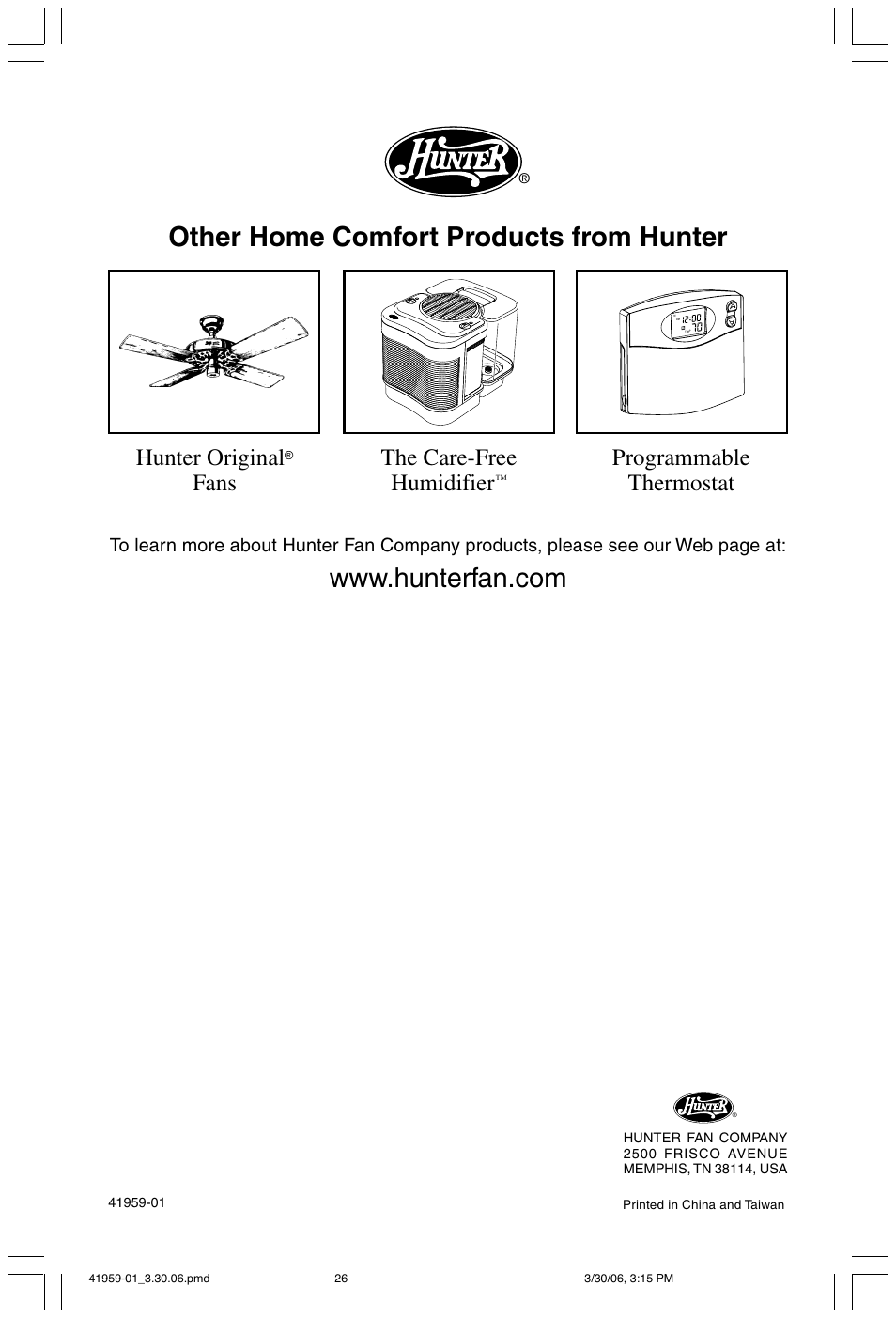 The care-free humidifier, Programmable thermostat, Hunter original | Fans | Hunter Fan 30547 User Manual | Page 26 / 26