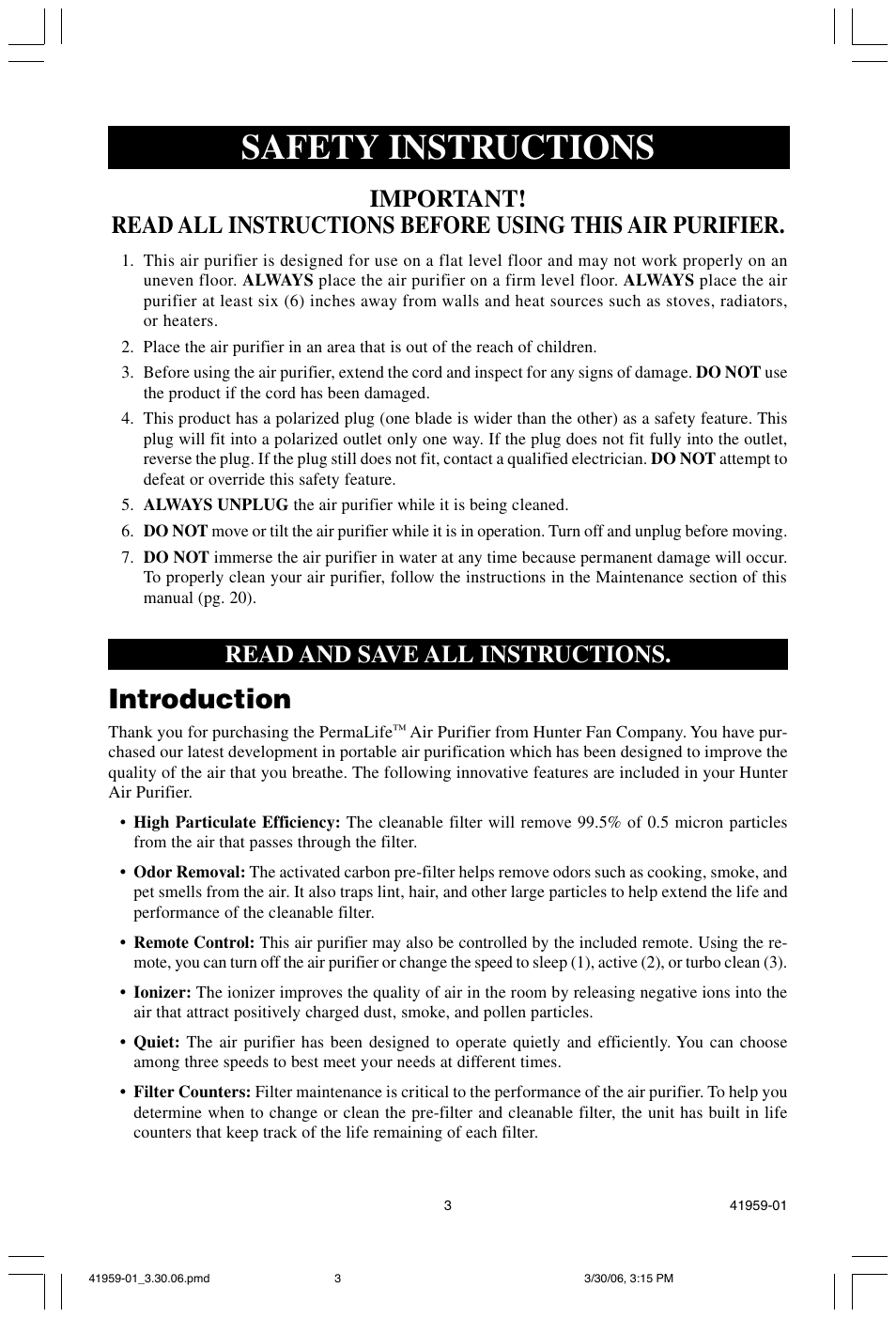 Safety instructions, Introduction, Read and save all instructions | Hunter Fan 30547 User Manual | Page 3 / 26