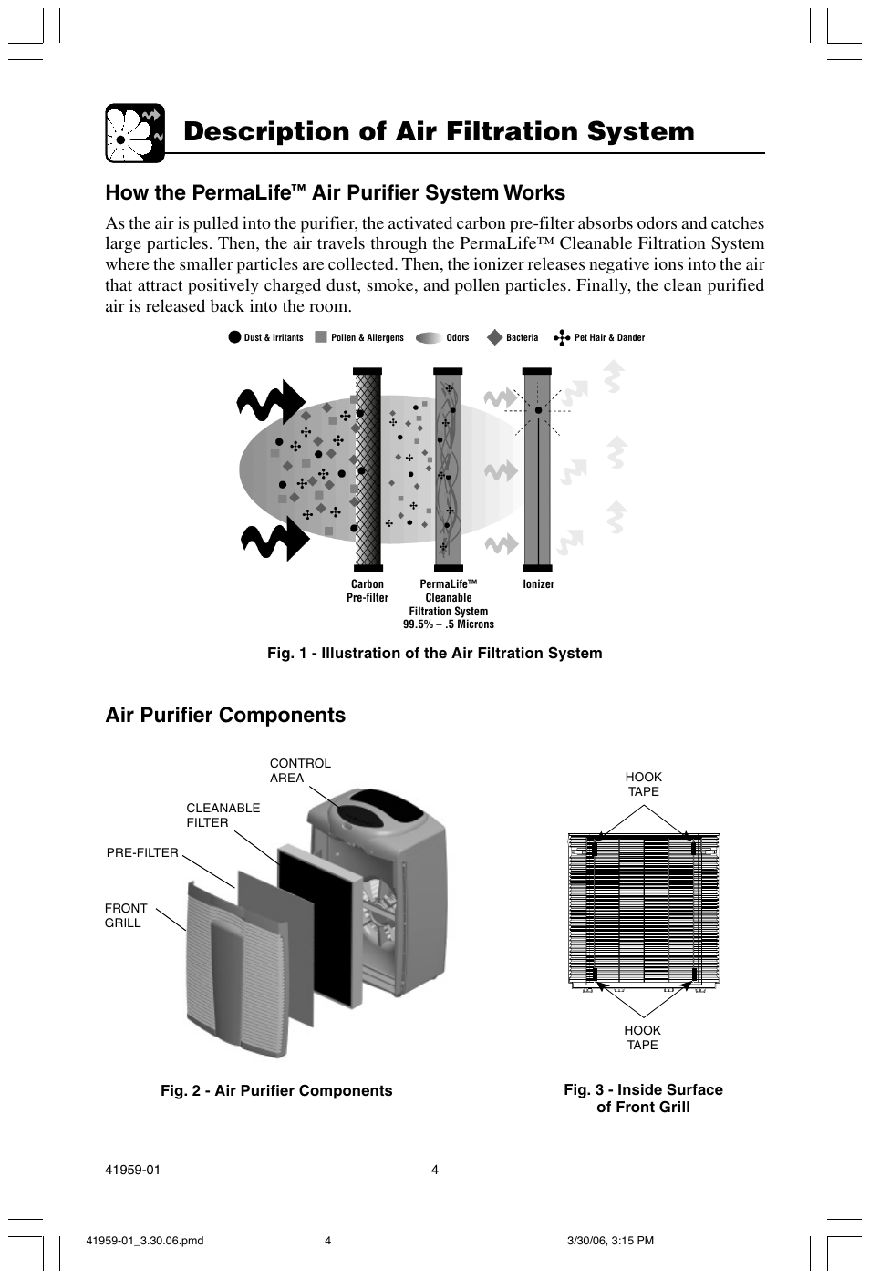 Description of air filtration system, Air purifier components, How the permalife | Air purifier system works | Hunter Fan 30547 User Manual | Page 4 / 26