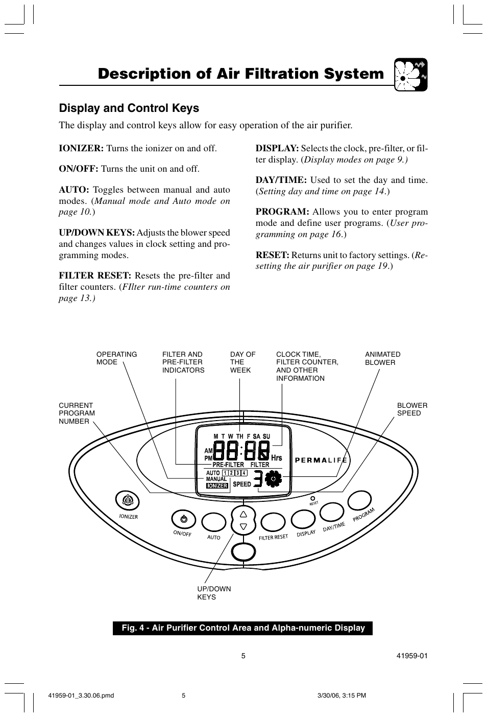 Description of air filtration system, Display and control keys | Hunter Fan 30547 User Manual | Page 5 / 26