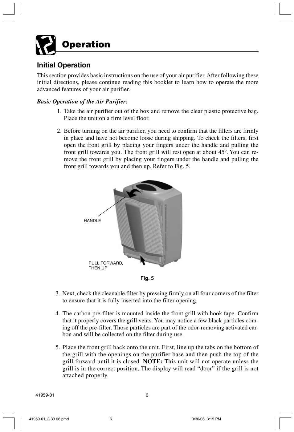 Operation, Initial operation | Hunter Fan 30547 User Manual | Page 6 / 26