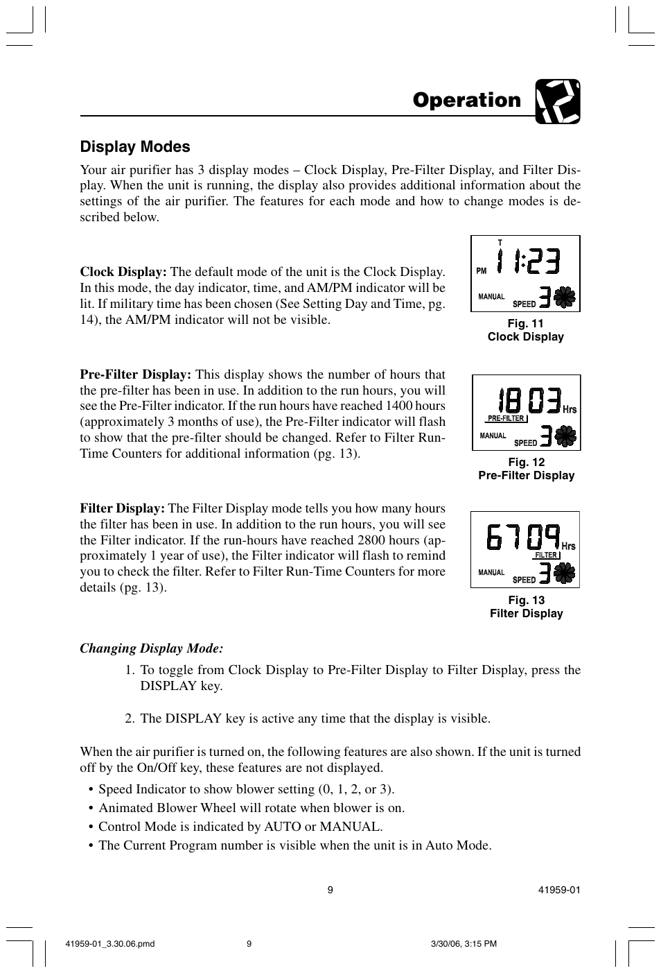 Operation, Display modes | Hunter Fan 30547 User Manual | Page 9 / 26