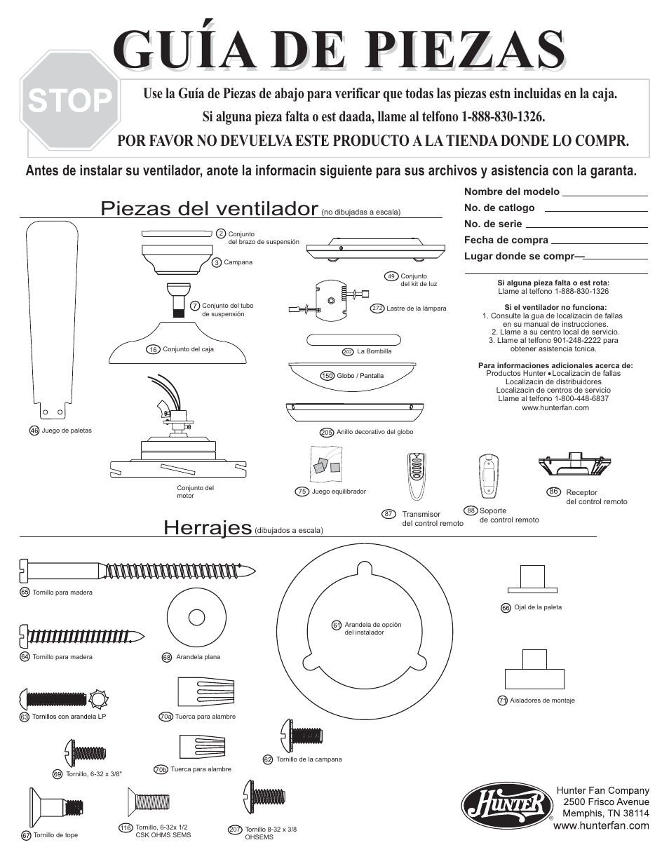 Guía de piezas, Herrajes, Piezas del ventilador | Hunter Fan 21618 User Manual | Page 3 / 4