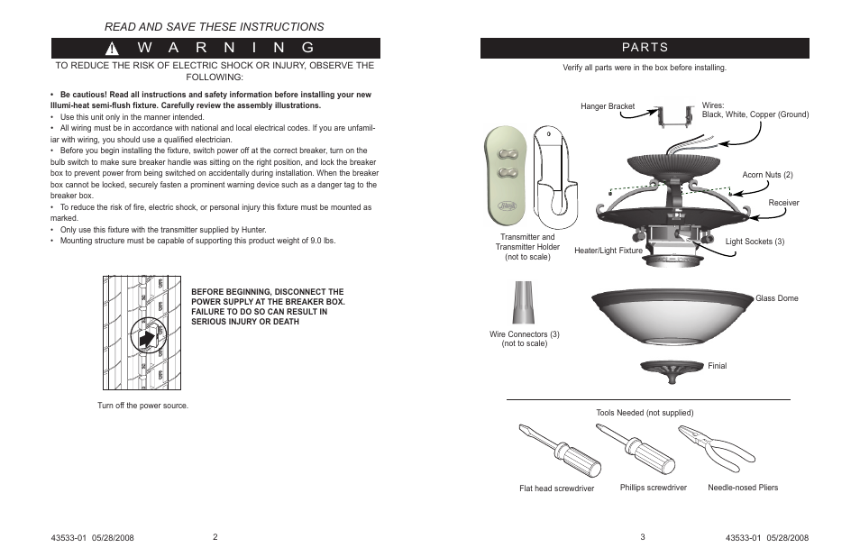 Pa rt s, Read and save these instructions | Hunter Fan Illumi-Heat User Manual | Page 2 / 13