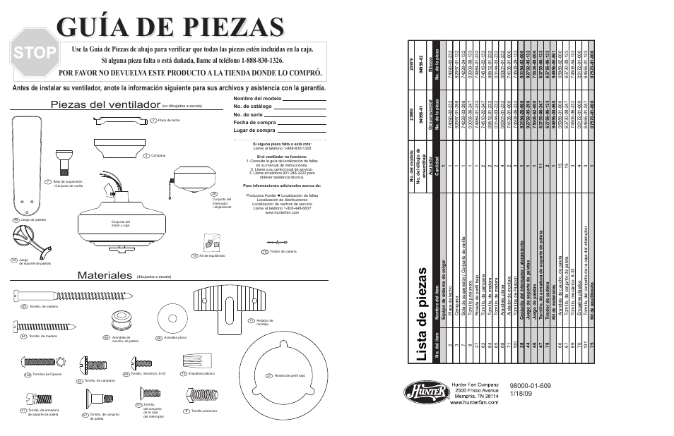 Guía de piezas, Li st a de p ie za s, Materiales | Piezas del ventilador | Hunter Fan 23980 User Manual | Page 4 / 4