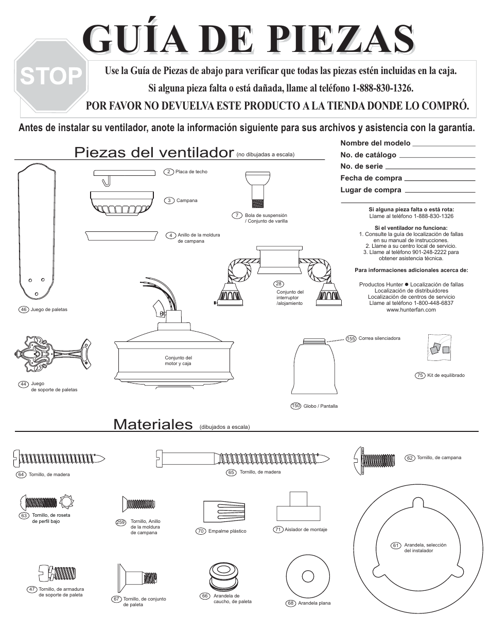 Guía de piezas, Materiales, Piezas del ventilador | Hunter Fan 23714 User Manual | Page 3 / 4