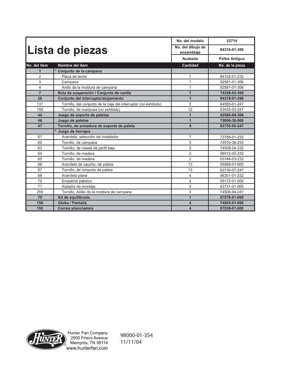 Guía de piezas, Lista de piezas | Hunter Fan 23714 User Manual | Page 4 / 4