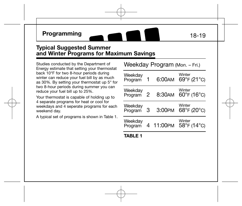 Programming 18-19, Weekday program | Hunter Fan 44250 User Manual | Page 18 / 34