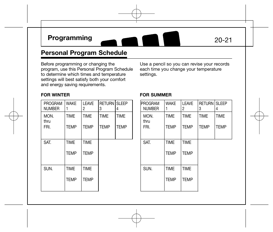 Programming, Personal program schedule | Hunter Fan 44250 User Manual | Page 20 / 34