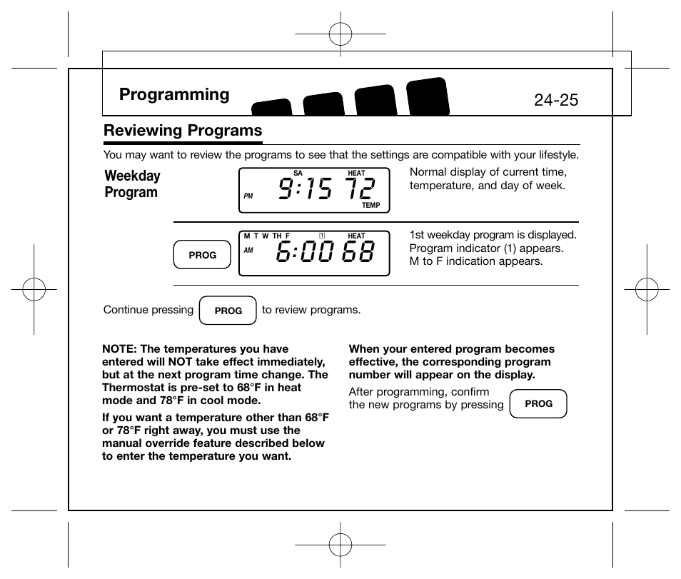 Programming, Reviewing programs, Weekday program | Hunter Fan 44250 User Manual | Page 24 / 34