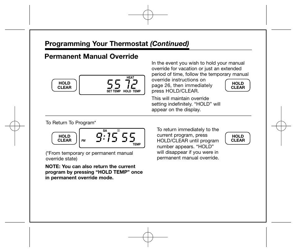 Permanent manual override, Programming your thermostat (continued) | Hunter Fan 44250 User Manual | Page 27 / 34