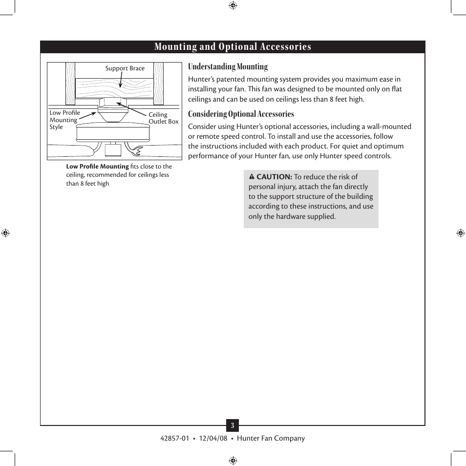 Mounting and optional accessories, Understanding mounting, Considering optional accessories | Hunter Fan 21322 User Manual | Page 3 / 15