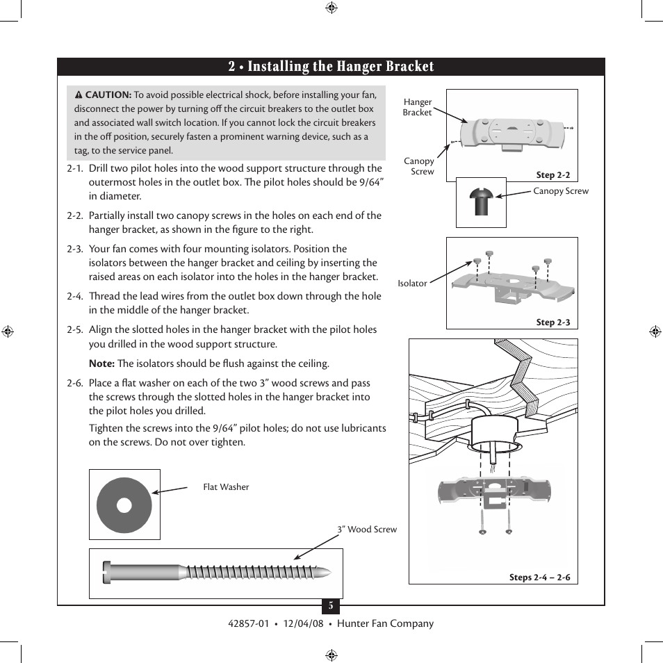 2 • installing the hanger bracket | Hunter Fan 21322 User Manual | Page 5 / 15