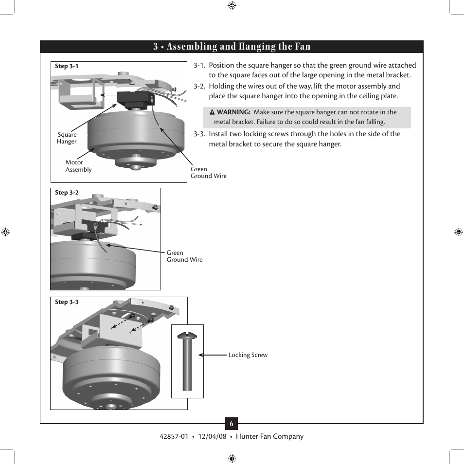 3 • assembling and hanging the fan | Hunter Fan 21322 User Manual | Page 6 / 15