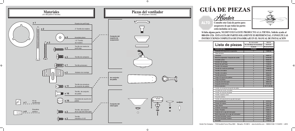 Guía de piezas, Piezas del ventilador, Materiales | Parada, Alto, Lista de piezas | Hunter Fan 20531A User Manual | Page 2 / 2