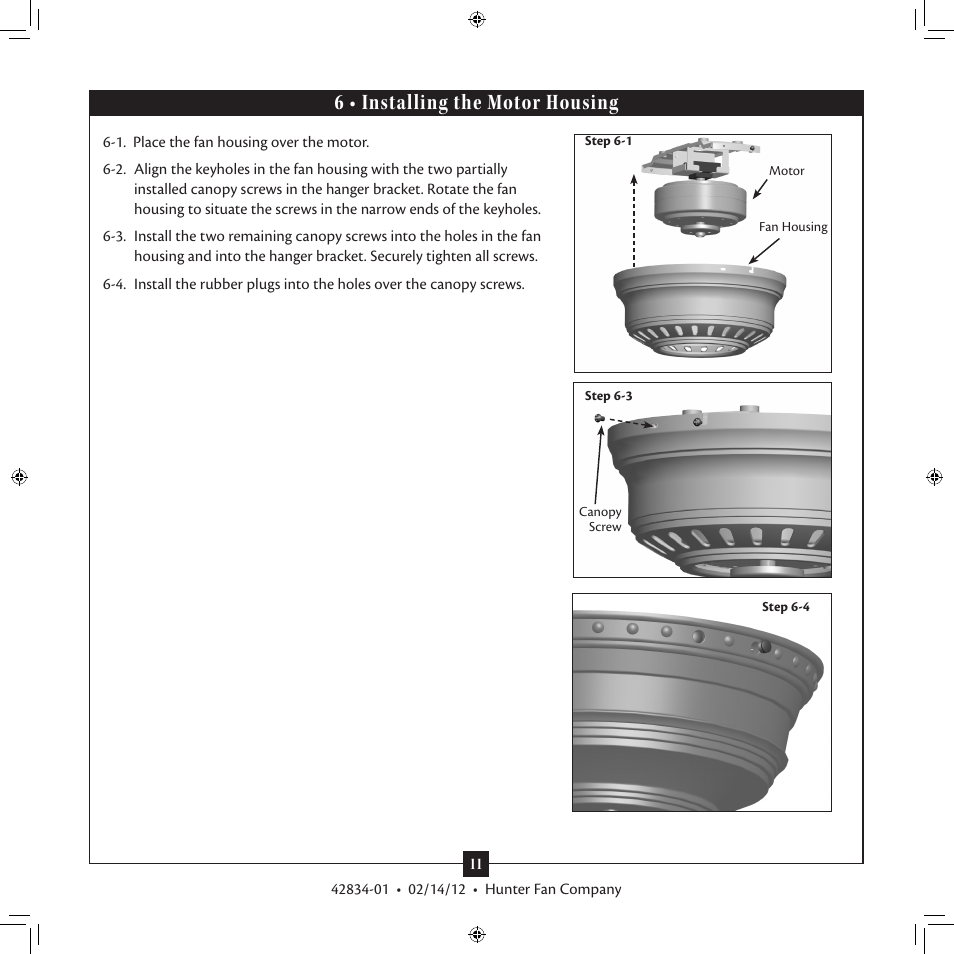 6 • installing the motor housing | Hunter Fan 2A User Manual | Page 11 / 18