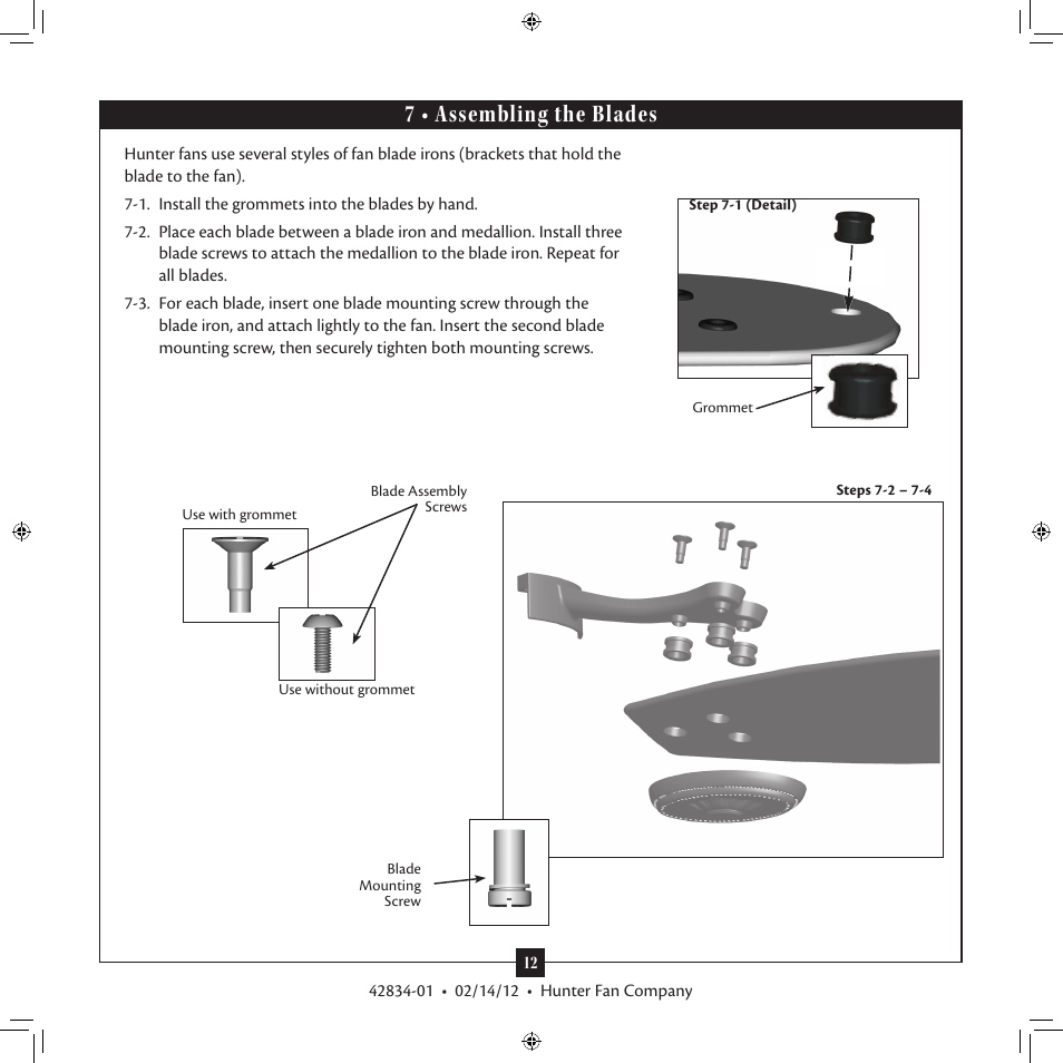 7 • assembling the blades | Hunter Fan 2A User Manual | Page 12 / 18