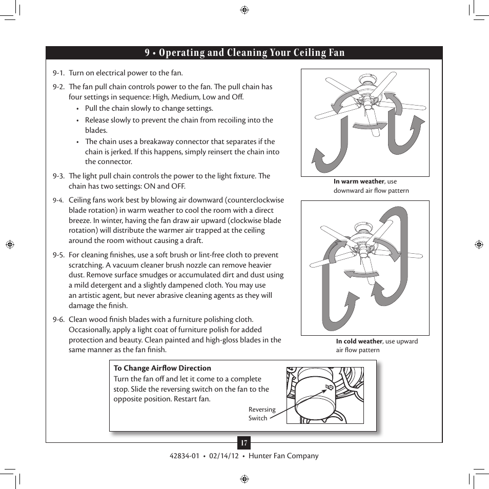 9 • operating and cleaning your ceiling fan | Hunter Fan 2A User Manual | Page 17 / 18