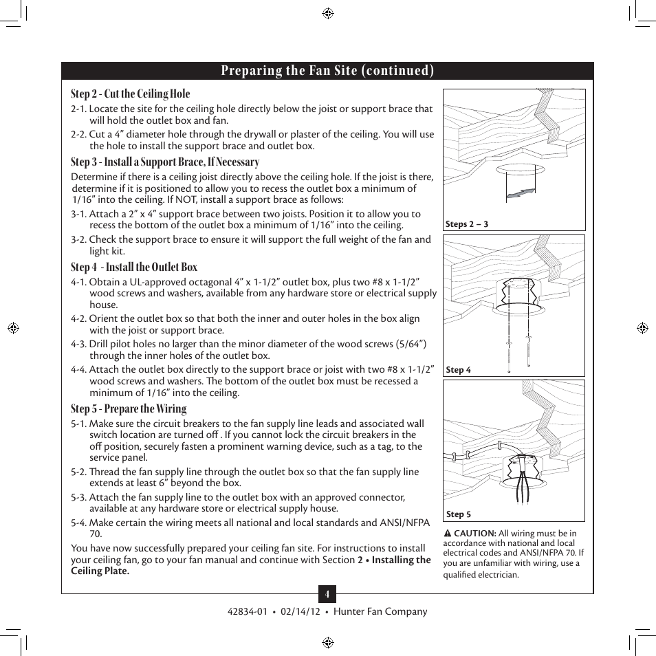 Preparing the fan site (continued), Step 2 - cut the ceiling hole, Step 3 - install a support brace, if necessary | Step 4 - install the outlet box, Step 5 - prepare the wiring | Hunter Fan 2A User Manual | Page 4 / 18