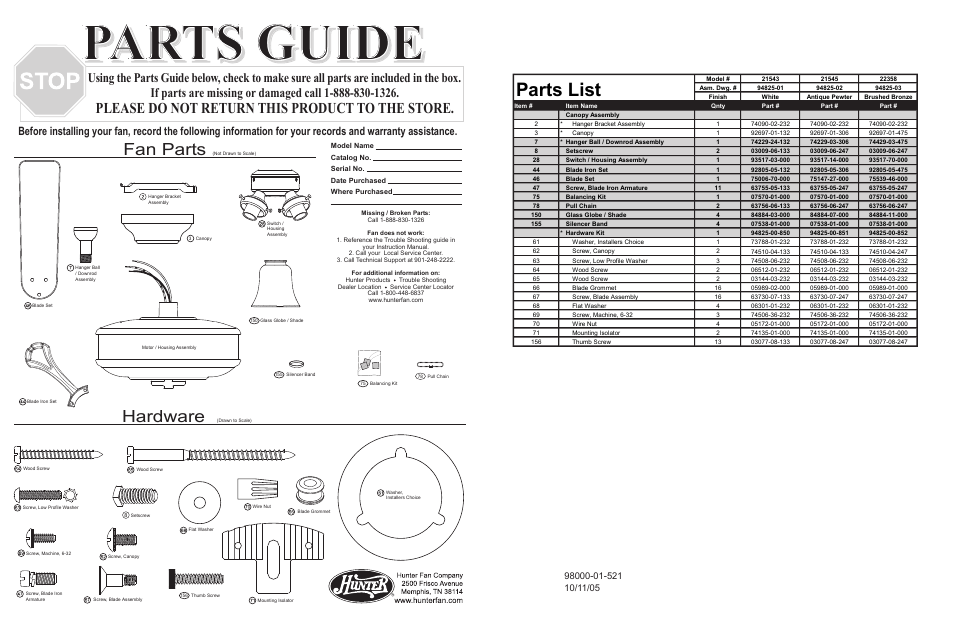 Parts guide, Parts list, Fan parts | Hardware, Please do not return this product to the store | Hunter Fan 21543 User Manual | Page 2 / 4