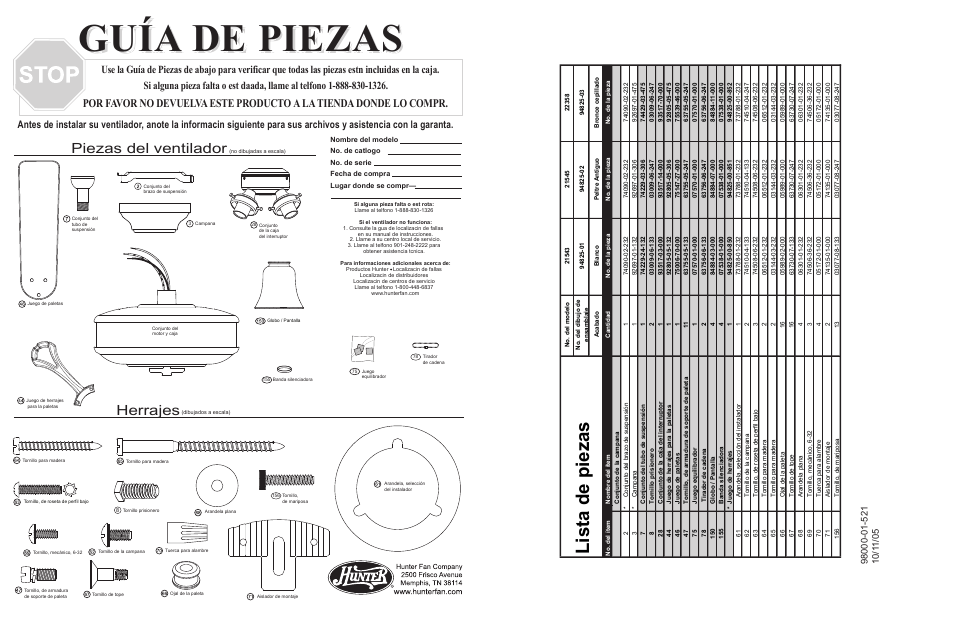 Gguía de piezas uía de piezas guía de piezas, Li st a de p ie za s, Herrajes | Piezas del ventilador | Hunter Fan 21543 User Manual | Page 3 / 4