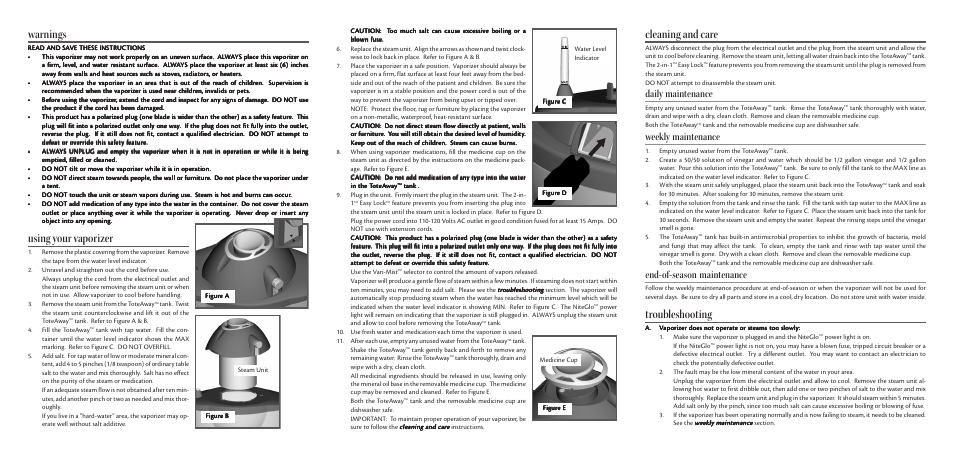Warnings, Using your vaporizer, Cleaning and care | Troubleshooting, Daily maintenance, Weekly maintenance, End-of-season maintenance | Hunter Fan 35160 User Manual | Page 2 / 2
