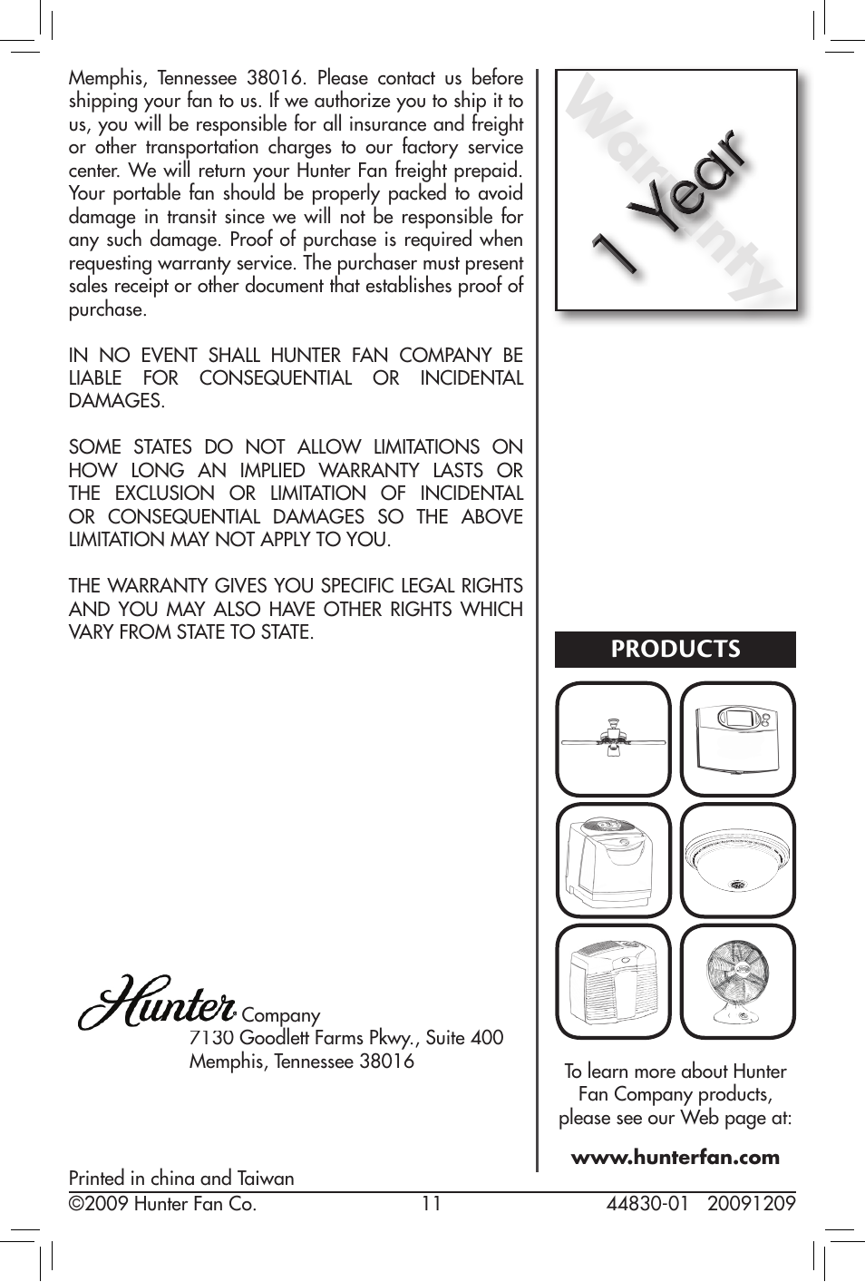 Products, Warranty | Hunter Fan 20091209 User Manual | Page 11 / 11