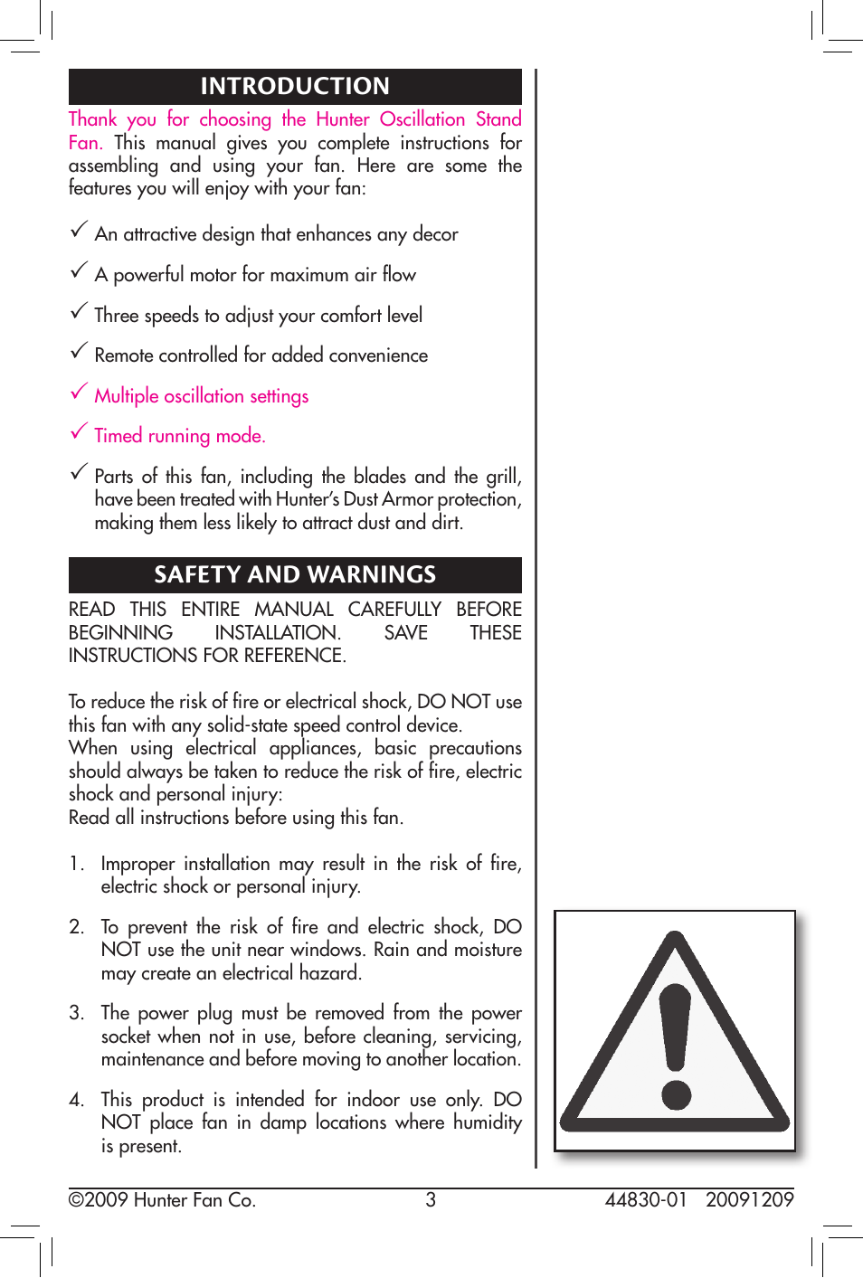 Introduction, Safety and warnings | Hunter Fan 20091209 User Manual | Page 3 / 11