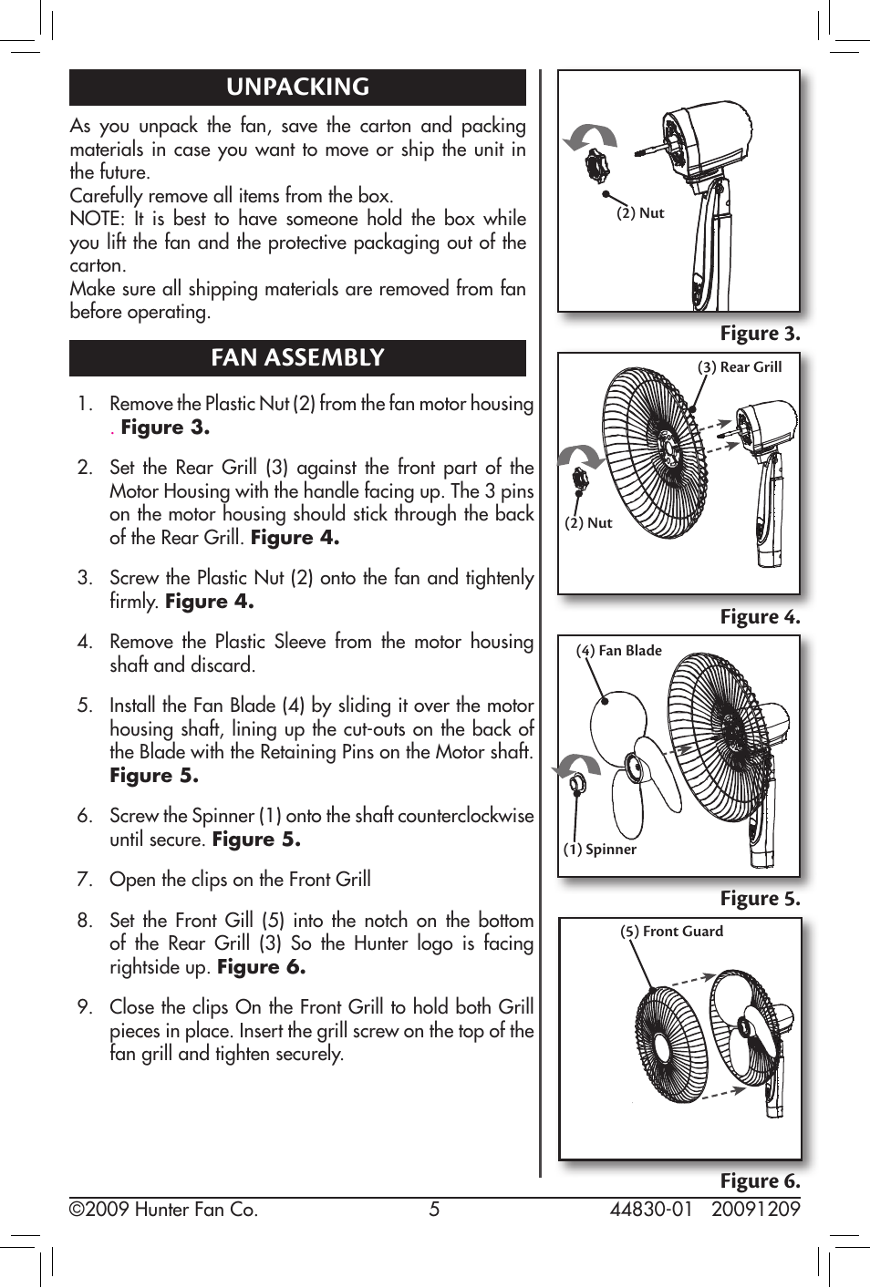 Unpacking, Fan assembly, Figure 3. figure 4. figure 5 | Figure 6 | Hunter Fan 20091209 User Manual | Page 5 / 11